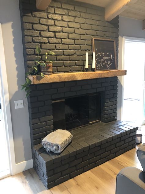 Paint Fireplace Brick, Brick Fireplace Painted, Wood Stove Hearth Ideas, Black Brick Fireplace, Grey Fireplace, Fireplace Redo, Painted Brick Fireplace, Painted Brick Fireplaces, Dreamy Decor