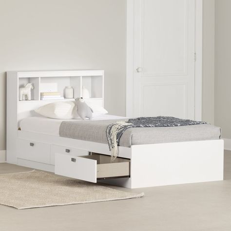 South Shore Spark Twin Mate's & Captain's Bed with Bookcase by South Shore & Reviews - Wayfair Canada Twin Bed With Drawers, Twin Storage, Twin Storage Bed, Contemporary Bedroom Sets, Room Crafts, Captains Bed, Fun Throw Pillows, Bookcase Headboard, Patterned Bedding