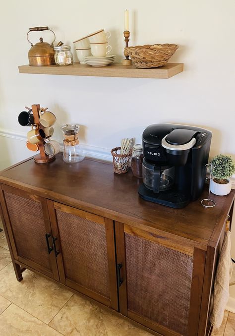 Dark Wood Coffee Bar, Buffet Table Coffee Station, Buffet Coffee Station, Coffee Bar Dark Wood, Entry Table Coffee Bar, Tall Bar Cabinet Styling, Vintage Buffet Coffee Bar, Coffee And Bar Cart Ideas, Buffet Bar Decor