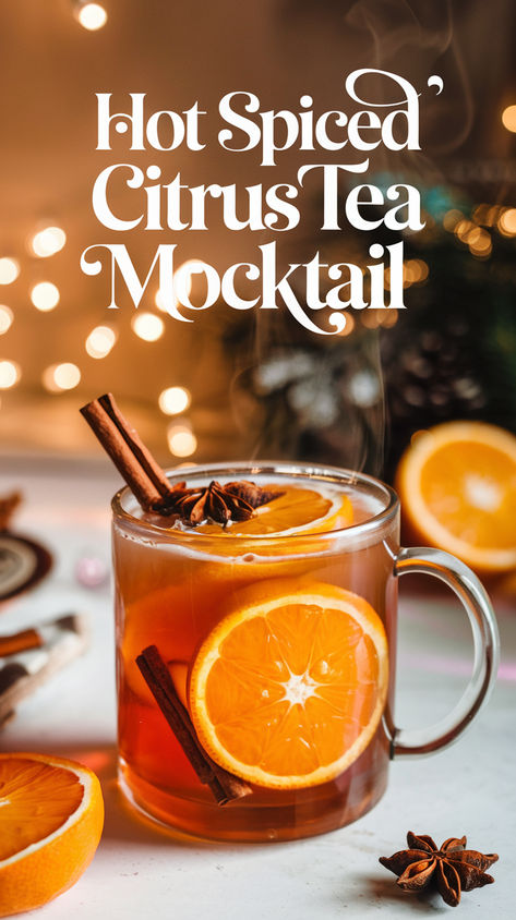 "Warm up your winter with this delightful Hot Spiced Citrus Tea Mocktail  Recipe! Perfect for cozy gatherings, this non-alcoholic beverage combines  zesty citrus flavors with aromatic spices, making it one of the best  mocktail recipes for the season. Enjoy a comforting cup of this winter  drink that’s not only refreshing but also easy to prepare. Discover more  citrus tea recipes and elevate your cozy drink ideas today!" Non Alcoholic Hot Drinks, Hot Drink Mocktails, Hot Tea Cocktails, Warm Christmas Drinks Nonalcoholic, Warm Non Alcoholic Drinks For Winter, Hot Christmas Drinks Nonalcoholic, Non Alcoholic Mocktail Recipes, Winter Drinks Nonalcoholic, Citrus Tea Recipe