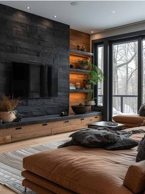 Wood Black And Grey Living Room, Black Stone Wall Living Room, Tv Dark Wall, Dark Wall In Living Room, Dark Wood Aesthetic Living Room, Dark Living Room Decor Ideas, Dark Cozy Interior Design, Black Wall Tv Living Room, Black And Wooden Living Room