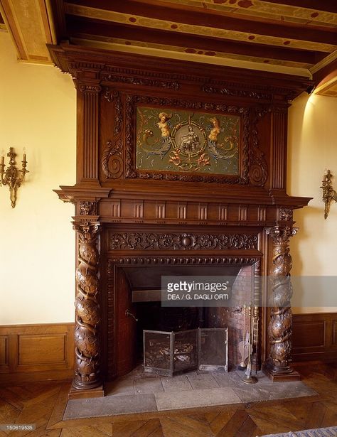 Gothic Fireplace, Manor Interior, France Chateau, Wooden Fireplace, Castle Decor, Victorian Fireplace, Old Fireplace, Home Library Design, Victorian Mansions