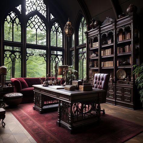 Old English Manor Library, English Tudor House Interior, Royal Study Room Aesthetic, Museum Aesthetic Home, Dark Victorian Office, Castle Study Room, Dark Victorian House Interior Design, Whodunit Aesthetic, Old English Architecture