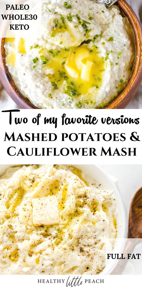 I am sharing my 2 favorite versions of mashed potatoes and cauliflower mash. These mashed potatoes are fluffy, creamy, buttery, and the perfect side for any dinner. These are literally the PERFECT mashed potato. I have also included my cauliflower mash version that Keto and Whole30 version. #mashedpotatoes #holidayrecipes #cauliflowermash #whole30recipes #paleorecipes #ketorecipes #cauliflower #sidedishrecipes #sides Make Ahead Potato Recipes, Cauliflower Mashed Potatoes Keto, Cauliflower Mashed Potatoes Recipe, Creamy Mashed Cauliflower, Cauliflower Mashed, Frozen Cauliflower, Cauliflower Mashed Potatoes, Cauliflower Mash, Creamy Recipes