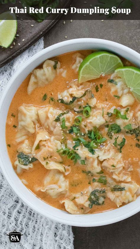 Spice up your soup game with this Thai Red Curry Dumpling Soup!  Featuring tender potstickers in a savory red curry broth scented with ginger and lemongrass, this soup is as comforting as it is exciting—perfect for spicing up your soup rotation. Weeknight easy and ready in less than 30 minutes. Get the recipe at SoupAddict.com. Potsticker Soup, Thai Red Curry Soup, Soups For Fall, Curry Broth, Chicken Dumpling Soup, Thai Stir Fry, Gourmet Soup, Dumpling Soup, Tasty Thai