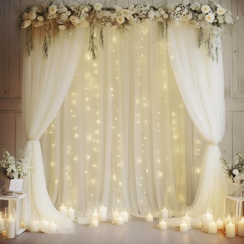 PRICES MAY VARY. Size: Package including 4 panels 5ft width by 10ft height ivory backdrop curtains with lights, a set of 9.8ft warm white string light and 24pcs Transparent clips. High quality ivory tulle fabric, collapsible without creases, Beautiful Sheer Drapes! Can be reused. If you want a thicker/fuller look, you would need more Dreamy Display: This wedding photo backdrop is perfect to create beautiful folds or leave it flowing loose onto the floor,add a very soft,beautiful,romantic touch t White Backdrop With Lights, Wedding Arch For Indoor Wedding, Outside Quinceanera Ideas Simple, Palette Wedding Backdrop, Neutral Tones Wedding Decor, Square Wedding Backdrop, Ivy Backdrop Wedding, Wedding Altar Decoration, Wedding Decor Behind Head Table