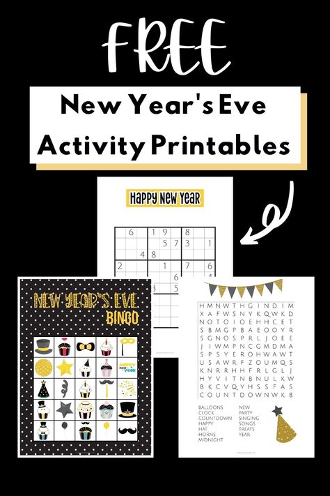 Free Printable New Year's Eve Activities for families! This printable included Bingo, Word Search Sudoku, Party Hats and more! There's a fun activity for everyone on NYE! Nye Printables For Kids, New Years One Word Activity, Free Printable New Years Eve Games, Nye Party Hats, Nye Activities, New Year’s Eve Printables For Kids, Free Printable New Years Eve Coloring Pages, Printable Sudoku, Countdown Activities