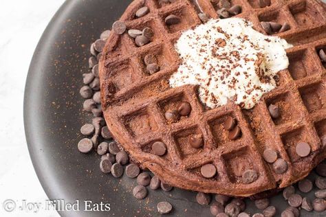 Chocolate Chocolate Chip Waffles - Joy Filled Eats Dessert Chaffles, Peanut Butter Waffles, Brownie Waffles, Chocolate Chip Waffles, Cycling Diet, Thm Meals, Fit Waffle, Chaffle Recipes, Chef Jobs