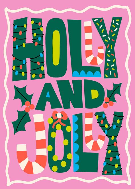 Holly Jolly Christmas Collection | Sandra Hutter | Art Licensing | Home Decor | Fabric | Sandra Hutter Rainbow Christmas Aesthetic, Holiday Illustration Christmas, Christmas Motifs Illustration, Christmas Cards Creative, Cute Christmas Illustration, Holiday Graphic Design, Holly Illustration, Christmas Decor Colorful, Whimsical Christmas Art