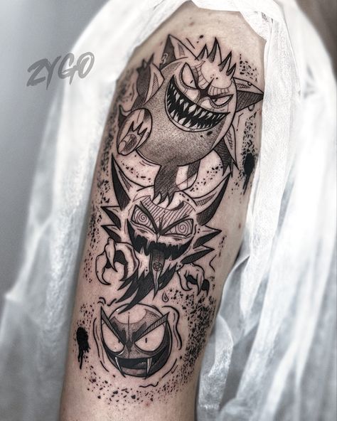 dark tattoo, pokemon, gangar, blackwork, sketch Gengar Pokemon Tattoo, Gengar Tattoo, Dark Pokemon, Creepy Pokemon, Dark Pokémon, Video Game Tattoos, Mangas Tattoo, Tattoo 2024, Ghost Type Pokemon