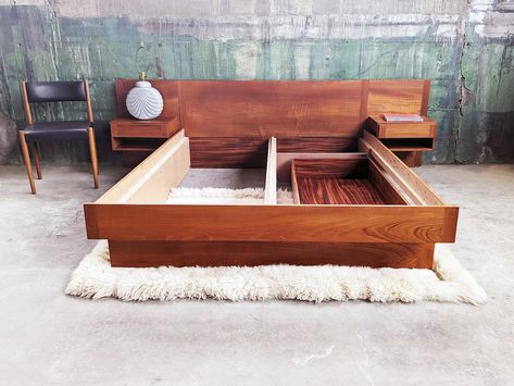 Solddanish Modern Mid Century Teak Queen Bed With Attached Storage Nightstands Underneath Storage Drawer - Etsy Australia Mid Century Modern Bed, Frame Storage, Modern Bed Frame, Wooden Bed Design, Bed Storage Drawers, Nightstand Storage, King Bedroom, Modern Mid Century, End Tables With Storage