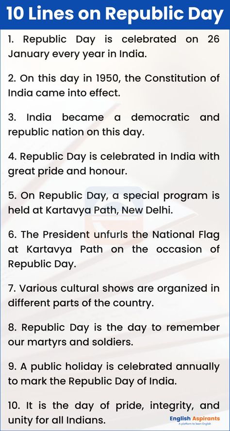 Republic Day Speech in English 10 Lines Republic Day Speech In English, My Teacher Essay, 26 January Speech, Lines On Republic Day, Essay On Republic Day, Republic Day Speech, Republic Day 26 January, Republic Day Of India, Speech In English