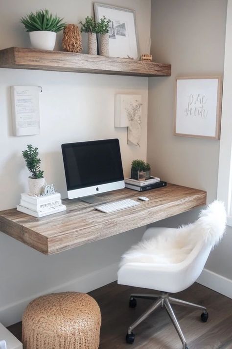 "Elevate your home office with a DIY Floating Desk! 🛠️💻 Perfect for combining functionality with modern design. 🌿✨ #DIYHomeDecor #DeskCrafting #FloatingDesign" Floating Shelves With Desk, Floating Work Desk, Desk With Floating Shelves Above It, Floating Shelf Above Desk, Floating Desk Bedroom, Adu Decor, Floating Shelf Desk, Floating Desk Office, Office Gym Room