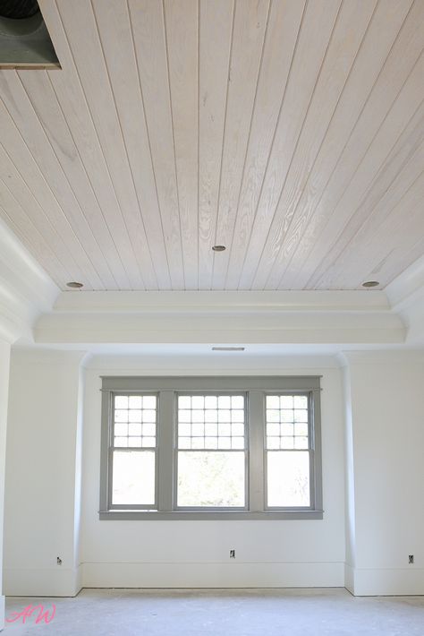 White Wash Ceiling, Wood Ceiling Bedroom, Wood Walls Bedroom, Ceiling Paint Colors, Deck Addition, Wood Plank Ceiling, White Wood Floors, Shiplap Ceiling, Tongue And Groove Ceiling