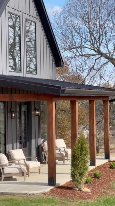 Front porch or back deck?? #frontporchview #backdeckview #cottagestyle #barndominium #shophouse #shouse #modernfarmhouse #cottagelife… | Instagram Covered Deck Front Of House, Front Porch Exposed Rafters, Slanted Porch Roof, Add A Covered Front Porch, Slant Roof Porch, Added On Front Porch, Front Porch Barndominium, Shed Style Porch Roof, Back Porch Add On