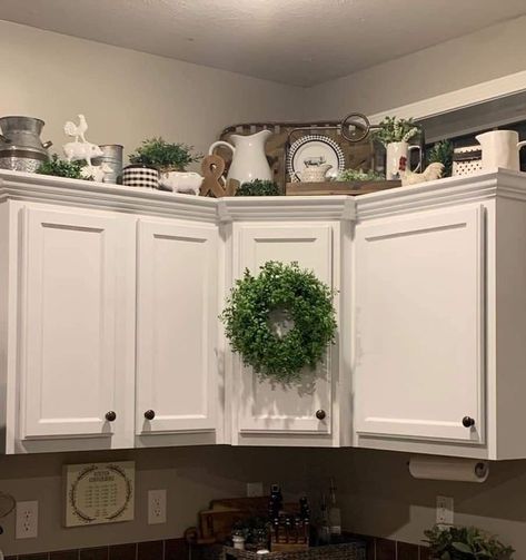 Kitchen Cabinet Ledge Decor, Top Shelf Kitchen Decor Above Cabinets, Top Of Fridge Decor Ideas Farmhouse, Cow Kitchen Ideas, Decor Above Kitchen Cabinets Simple, Above Cupboard Decor Kitchen, Farmhouse Above Cabinet Decor, Styling Above Kitchen Cabinets, Above Kitchen Cabinet Decor Ideas Farmhouse