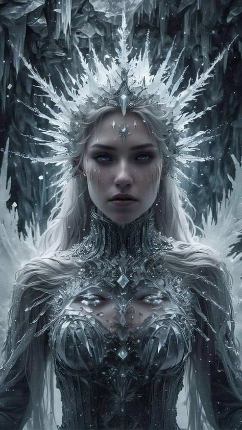 Ice Queen Tattoo, Ice Queen Hair, Ice Witch Art, Ice Witch Aesthetic, Winter Queen Aesthetic, Fantasy Ice Queen, Ice Magic Art, Ice Magic Aesthetic, Ice Princess Aesthetic