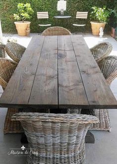 DIY Farmhouse Table: Anthropologie Knock-Off for $120! Build Outdoor Dining Table, Patio Farmhouse Table, Diy Wood Outdoor Table, Diy Outside Table, Long Outdoor Table, Farmhouse Outdoor Table, Outdoor Table Styling, Farmhouse Patios, Farmhouse Patio Table