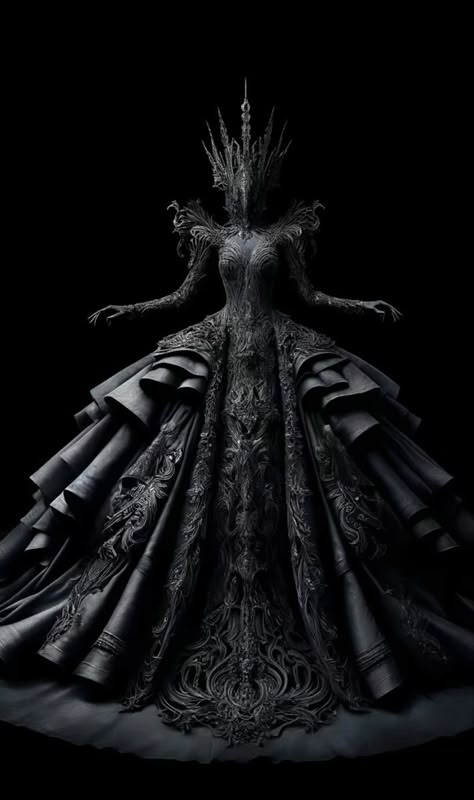 Black Dress Concept Art, Evil Queen Fashion, Dark Fae Dress, Dark Fantasy Wedding Dress, Villain Gown, Black Fairytale Dress, Black Glamour Dress, Dark Fantasy Gown, Goth Ball Gown