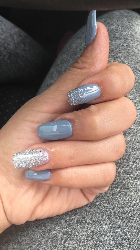 White And Dusty Blue Nails, Blue Nails Bride, Dusk Blue Nails, Elegant Winter Acrylic Nails, Nails For Dusty Blue Dress, Wedding Nails For Bride Dusty Blue, Steel Blue Nails Design, Homecoming Blue Nails, Dusty Blue Nail Art