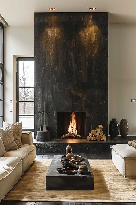 Contemporary living room with black fireplace wall and warm lighting. Black Fireplace Wall, Black Fireplace, Living Room Decor Fireplace, Contemporary Fireplace, Fireplace Remodel, Fireplace Ideas, Home Fireplace, Modern Fireplace, Fireplace Makeover