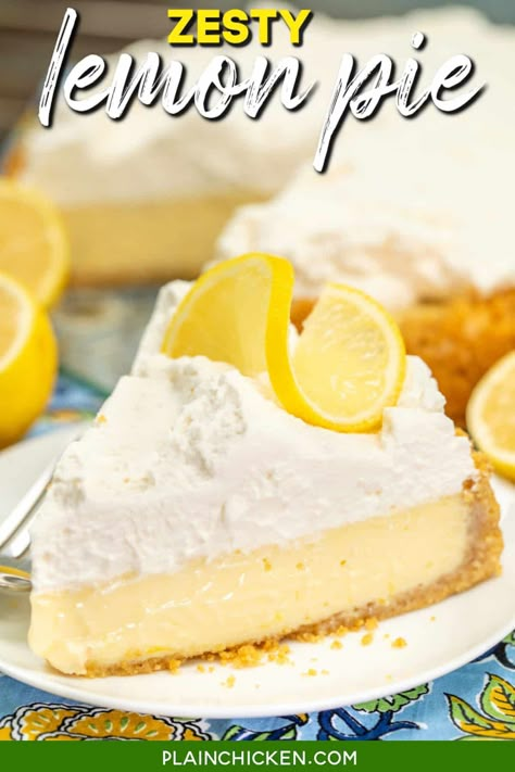 Zesty Lemon Pie Recipe - With a buttery graham cracker crust and a velvety lemon filling, this pie is the perfect balance of sweet and tart. Topped with whipped cream, it’s a refreshing and delicious treat for any occasion. Heavenly Lemon Cream Pie, Lemon Meringue Pie Using Jello Pudding, Lemon Meringue Pie Recipe Easy With Instant Lemon Pudding, Easy Lemon Meringue Pie Recipe Simple, Jello Lemon Meringue Pie Recipe, Lemon Cream Pie Recipe, Lemon Jello Recipes, No Bake Lemon Cream Pie, Lemon Supreme Pie Recipe