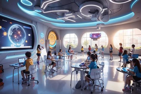 Gamified Education Fun and Learning in Futuristic Classrooms | Premium AI-generated image Futuristic Activities, Futuristic Classroom, Office Buildings Architecture, Domed City, Gamified Learning, Futuristic School, Building Design Plan, School Building Design, School Hallways