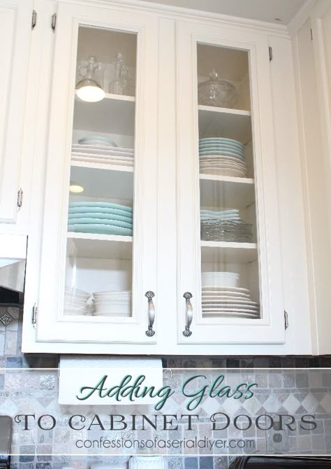 How To Add Glass To Cabinet Doors - tutorial shows how to cut the panel out of the door, how to cut plexiglass and how to add trim moulding to finish it. This is a great post and this simple, inexpensive project does a lot to update your kitchen. Glass Kitchen Cabinet Doors, Builder Grade Kitchen, Kitchen Diy Makeover, Builder Grade, Kitchen Cabinet Doors, Glass Cabinet Doors, Painting Kitchen Cabinets, Kitchen Redo, Glass Kitchen