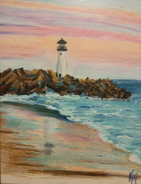 Oil Pastel Drawings Beach, Beach Pastel Art, Lighthouse Oil Pastel, Oil Pastel Beach Scene, Beach Colored Pencil Drawing, Ocean Pastel Drawing, Art Inspiration Oil Pastel, Oil Pastel Ocean, Pastel Drawings Ideas