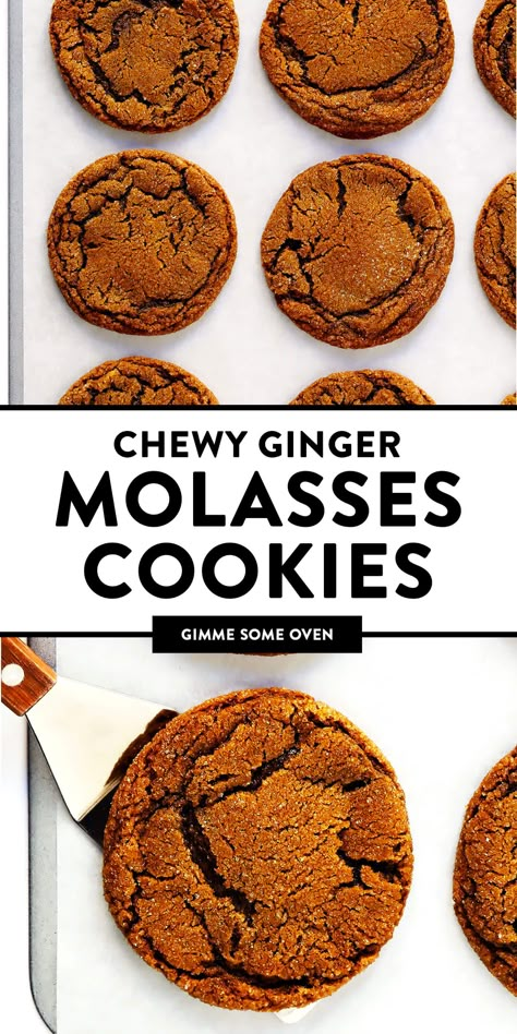 LOVE these Ginger Molasses Cookies! They are perfectly soft and chewy, spiced with lots of ginger, cinnamon and cloves, easy to make, and irresistibly delicious. | Gimme Some Oven #cookies #ginger #molasses #baking #dessert #holiday #christmas #recipe Chewy Ginger Molasses Cookies, Ginger Spice Cookies, Cookies Sans Gluten, Dessert Holiday, Cookie Recipes Chewy, Ginger Molasses, Ginger Molasses Cookies, Gimme Some Oven, Molasses Cookies