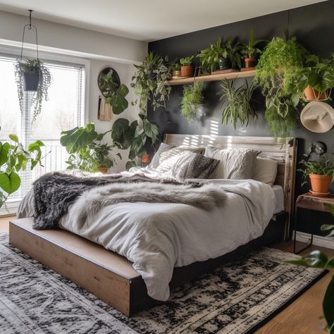 Boho With Grey Walls, Plants On Black Wall, Boho Room With Black Wall, Bedroom With Houseplants, Bedroom W Plants, Black White Green Boho Bedroom, Bohemian Dark Bedroom, Black With Plants Room, Dark Green White And Grey Bedroom