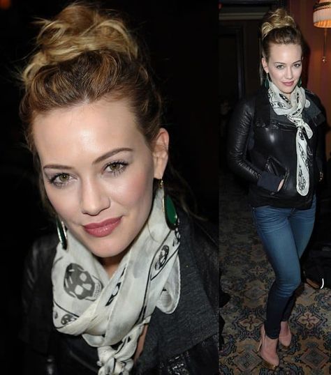 Hilary Duff looks all glammed up in a pair of drop earrings, high heels, and a fabulous updo as she presents her new book, 'Elixir', at the Hotel Costes in Paris Mcqueen Skull Scarf Outfit, Alexander Mcqueen Scarf How To Wear, Alexander Mcqueen Scarf Outfit, Skull Scarf Outfit, Alexander Mcqueen Skull Scarf, Ysl Crossbody, Ysl Crossbody Bag, Mcqueen Scarf, French Summer