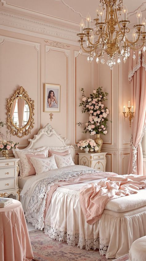 Pink Bedroom Ideas Pink Chic Bedroom Decor, Pink French Provincial Bedroom, Peony Bedroom Decor, Pink Luxury Bedroom Aesthetic, Pink Fancy Bedroom, Pink French Bedroom Aesthetic, French Room Ideas, French Princess Bedroom, Pink Victorian Room Aesthetic