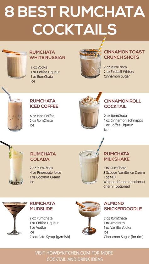 A visual guide to 8 delicious RumChata cocktails, including White Russian, Mudslide, and Colada Rumchata Recipes Drink, Pink Alcoholic Drinks, Creative Alcoholic Drinks, Rumchata Cocktails, Mixed Drinks Alcohol Recipes, Spiced Rum Recipes, New Years Drinks, Rumchata Drinks, Rumchata Recipes