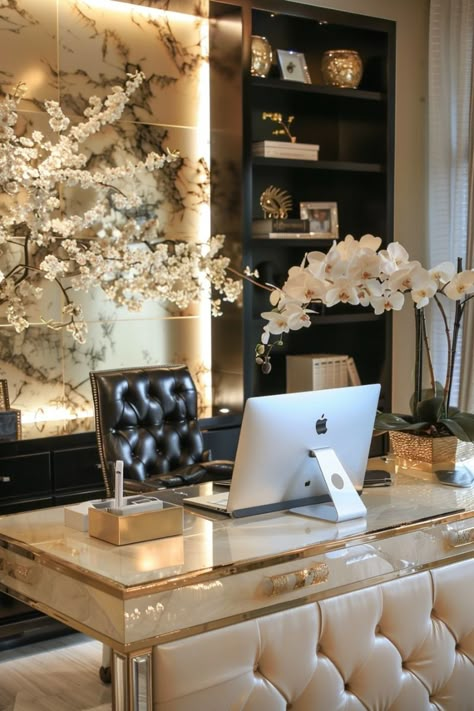 Dream Office Luxury, Womens Home Office, Girly Office Decor, Elegant Office Decor, Furniture Essentials, Elegant Home Office, Glam Office, Luxxu Modern Design Living, Modern Home Offices