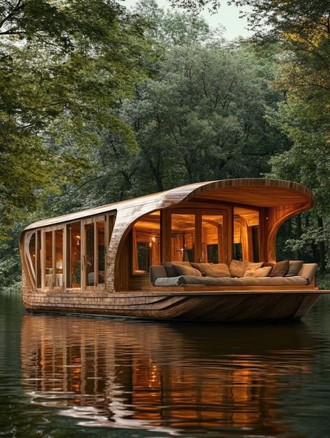 Boat Tiny House, House Boats, Houseboat Concept Art, Boathouse Architecture, Floating Houses On Water, Small Eco House, Floating Homes Houseboats, Small Houseboats, Boathouse Design