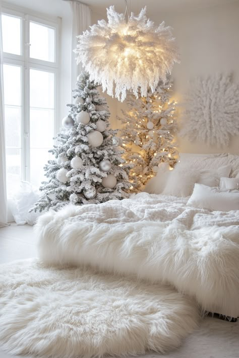 A cozy Christmas bedroom featuring a white fur rug, fluffy pillows on a large bed, and a decorated Christmas tree in the background. White Christmas Bedroom Ideas, Snowy Christmas Decor, Cozy Christmas Bedroom Aesthetic, Winter Wonderland Bedroom, Cozy White Christmas, White Christmas Aesthetic, Christmas Bedroom Aesthetic, All White Christmas, 23 Aesthetic