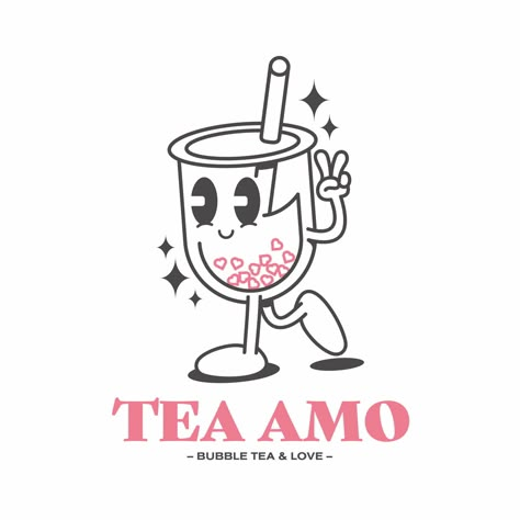 Cartoon Bubble Tea, Bubble Tea Logo Design Ideas, Bubble Tea Cup Design, Boba Shop Logo, Boba Tea Logo Design, Bubble Tea Branding, Bubble Tea Tattoo, Boba Illustrations, Bubble Tea Logo Design