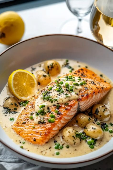 Creamy Salmon Piccata Fancy Fish Recipes, Guest Dinner Ideas, Salmon Dishes Dinners, Fancy Meals Dinners, Fancy Seafood Dishes, Fancy Food Recipes, Lemon Caper Cream Sauce, Salmon And Lentils, Lemon Caper Salmon