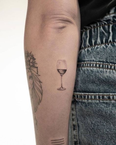 Wine Glass Tattoo, Wine Tattoo, Small Back Tattoos, Glass Tattoo, Empowering Tattoos, Small Chest Tattoos, Grunge Tattoo, Single Needle Tattoo, Self Love Tattoo