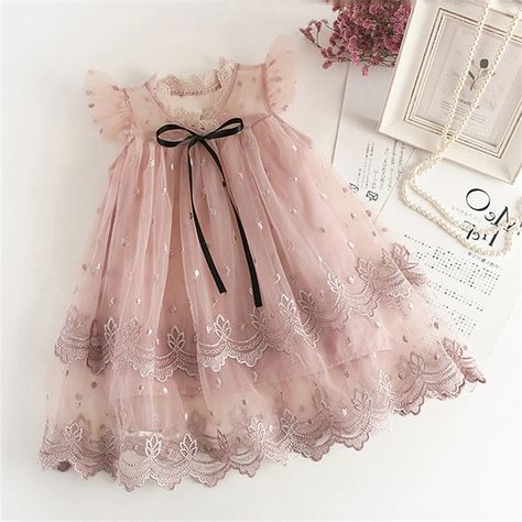 New pink beautiful lace sleeveless girls princess dress 3-8 years - Dresses Elegant Flower Girl Dress, Baby Princess Dress, Girls Tulle Dress, Princess Dress Kids, Girls Lace Dress, Dresses Fancy, Printed Casual Dresses, Girls Casual Dresses