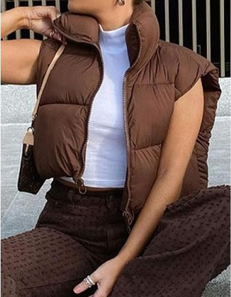 Winter crop puffer vest - Brown Puffer Jacket Brown, Sleeveless Puffer Jacket, Ladies Waistcoat, Vest Style Women, Trendy Maxi Dresses, Puffer Jacket Outfit, Sleeveless Puffer, Vest For Women, Cropped Puffer Jacket