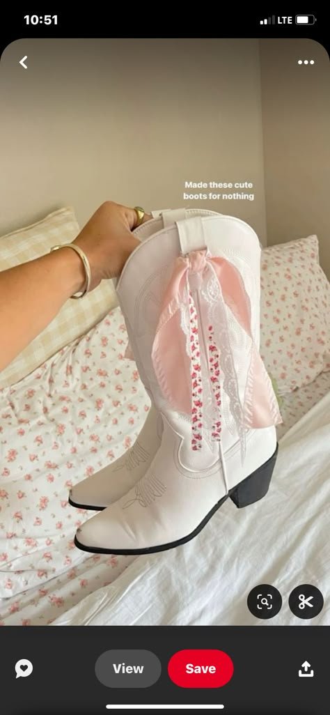 Cowgirl Country Aesthetic, 1960s Professional Fashion, Girly Cowgirl Boots, Coquette Cowgirl Boots, Ribbon On Cowgirl Boots, Girly Nashville Outfits, Pink Dress With Cowgirl Boots, Ribbons On Cowboy Boots, Concert Outfit Zach Bryan