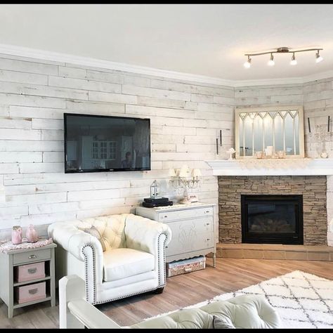 White Barnwood Wall, White Shiplap Accent Wall Living Room, Ship Lapped Walls Living Room, Barn Board Wall, House Diy Projects, White Lodge, Home Dance Studio, Living Room Accent Wall, White Wood Wall