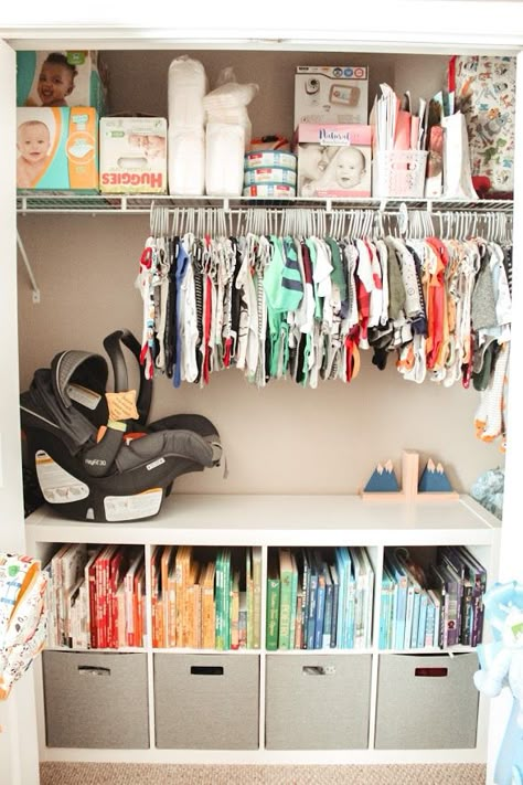 Inspiration for organizing a baby nursery and closet. How to organize books, clothes, gear, diapers, and more! Nursery Closet Organization With Sliding Doors, Closet Organization Ideas For Nursery, Closet Organizer Nursery, Newborn Closet Ideas, Closet Organization For Nursery, Over The Dresser Shelf, Closet Organization Ideas Nursery, Nursery Open Closet Ideas, Baby Storage Organization