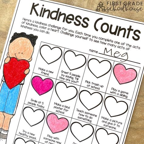 Challenge your students to complete acts of kindness with this Kindness Counts challenge. Use to promote kindness in the classroom, at school, and at home. Random Acts Of Kindness Activities For Preschool, Great Kindness Challenge Ideas, Kindness Crafts For Kids, Valentine’s Day Kindness Activity, February Kindness Challenge, Student Kindness Challenge, Kindness Pictures, Kindness Classroom, Kindness Activities For Kids