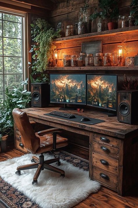 Cozy Office Room Ideas, Rustic Workspace, Vintage Home Offices, Rustic Home Offices, Rustic Office, Cozy Home Office, Game Room Ideas, Working Space, Game Room Design