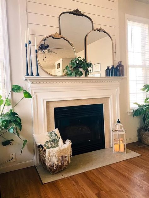 Mirrors Above Fireplace, Over Fireplace Decor, Mirror Over Fireplace, Mirror Above Fireplace, Fireplace Styling, Farmhouse Mantle Decor, Farmhouse Mantle, Above Fireplace, Mantel Decor Ideas