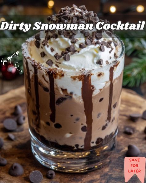 Discover the Dirty Snowman cocktail, a rich blend of hot chocolate, ice cream, and liqueur—perfect for winter celebrations. Hot Chocolate Alcoholic Drinks, Alcoholic Ice Cream Drinks, Alcoholic Hot Chocolate Recipes, Winter Cocktail Drinks, Dessert Drinks Alcohol, Chocolate Alcoholic Drinks, Snowman Cocktail, Holiday Punch Recipes, Chocolate Cocktail Recipes