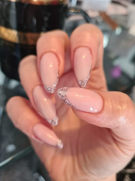 Almond Nail French Tip Glitter, Silver French Almond Nails, Shimmer French Tip Nails Almond, Sparkly Silver French Tip Nails Almond, Silver Glitter French Tips Almond, Her Nails, Pearl Nails, Almond Acrylic Nails, Bridal Nails